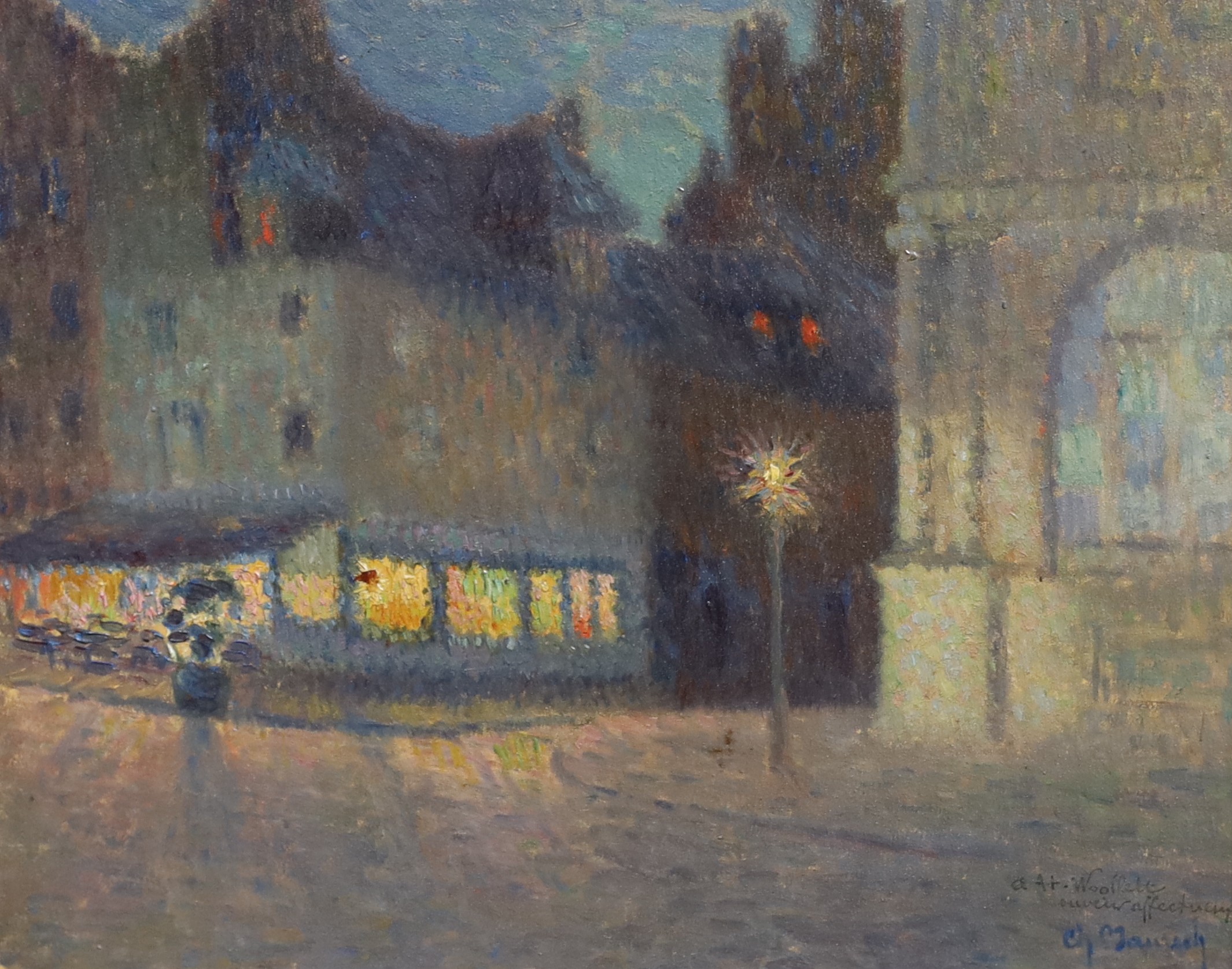 Charles Maurech, Street scene at night, oil on board, 37 x 45cm